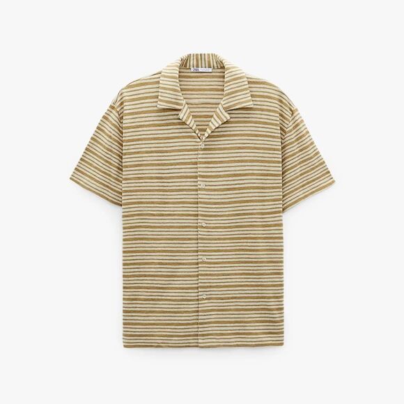 Zara Striped Cotton Linen Knit Button Up T Shirt Tan Large Short Sleeve Camp - Picture 12 of 12